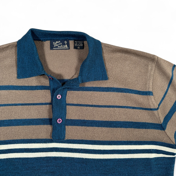 Vintage Sutton Place Polo Shirt Adult MEDIUM Green Brown Striped 80s - Picture 2 of 8